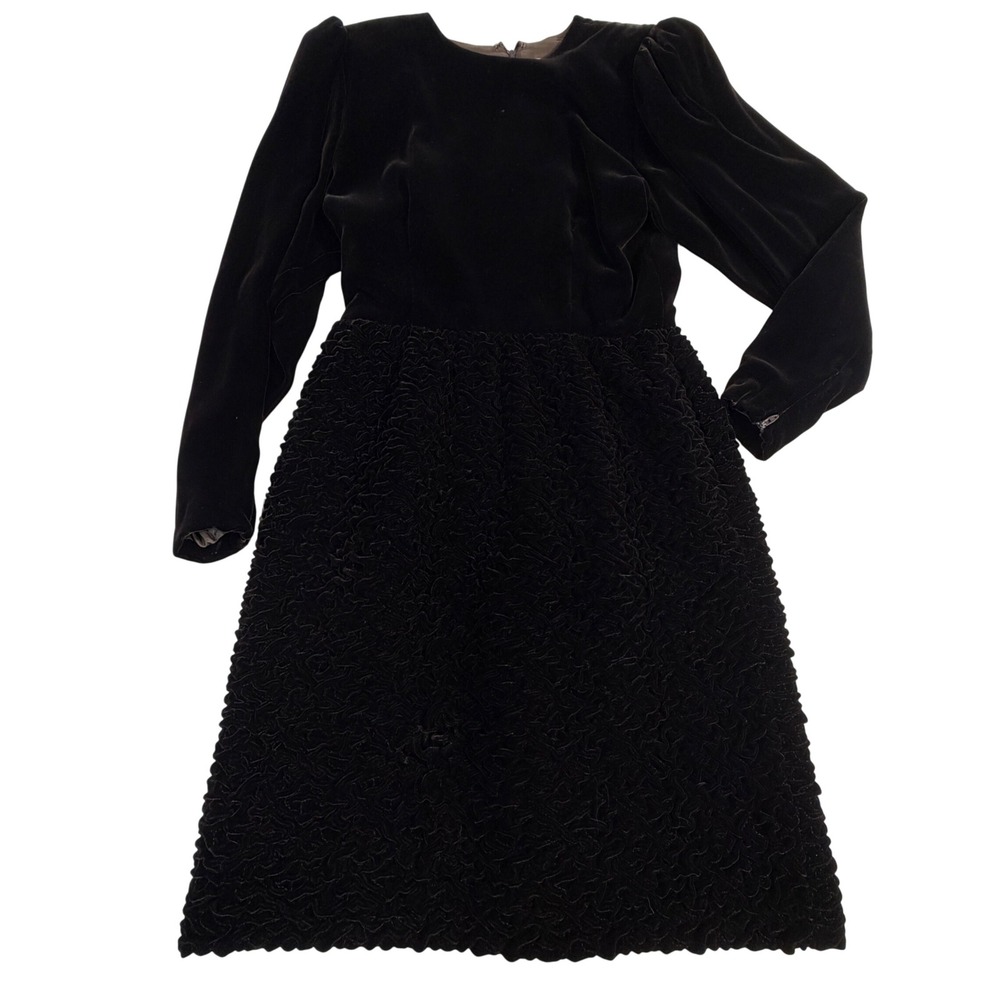 Oscar de la Renta Velvet Dress – US 10 Black Ruched Midi Puff Sleeve Vintage